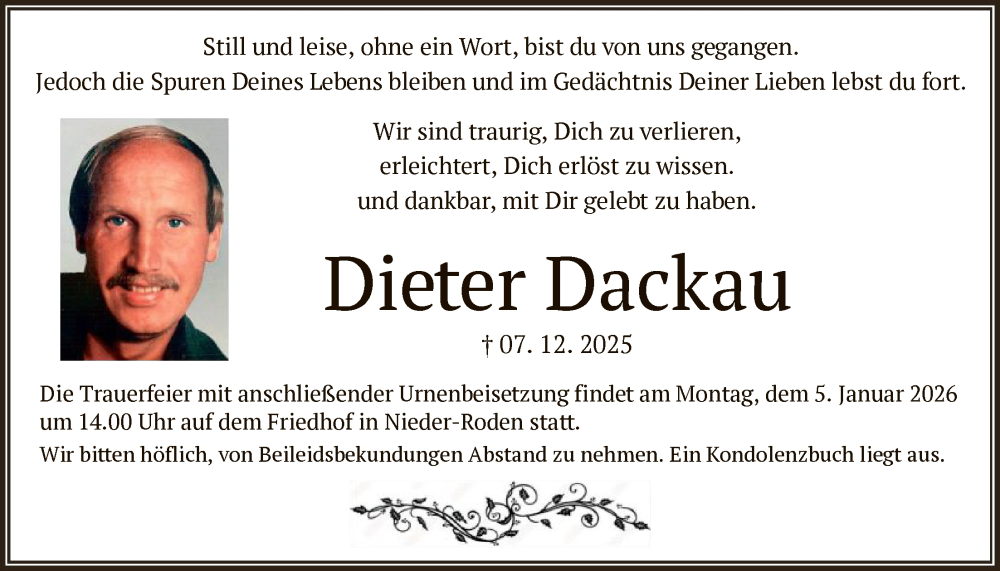 Traueranzeige für Dieter Dackau vom 27.12.2025 aus OFOP