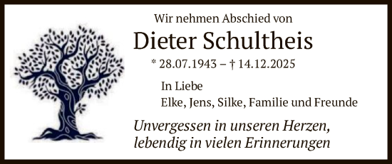 Traueranzeige von Dieter Schultheis von FRAW