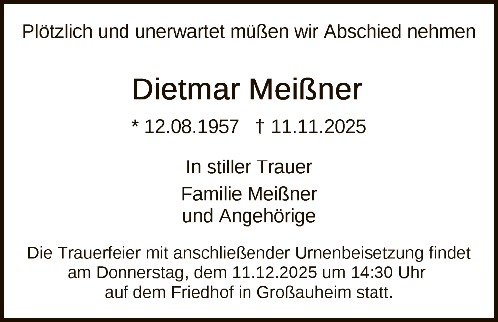  Traueranzeige für Dietmar Meißner vom 06.12.2025 aus OFHA