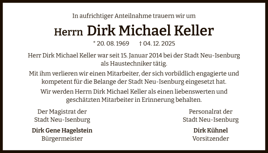 Traueranzeige von Dirk Michael Keller von OF0W