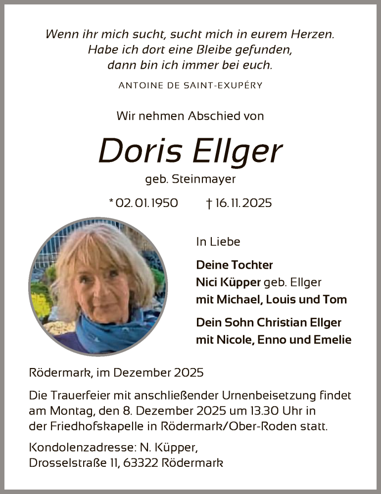  Traueranzeige für Doris Ellger vom 06.12.2025 aus OF0L