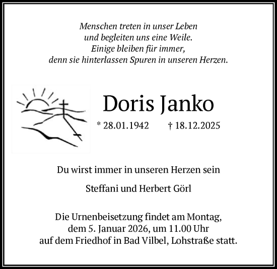 Traueranzeige von Doris Janko von OFHA