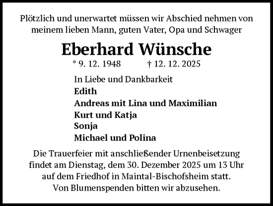Traueranzeige von Eberhard Wünsche von OFHA