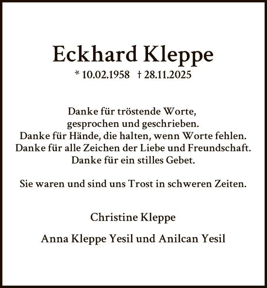 Traueranzeige von Eckhard Kleppe von OFHA