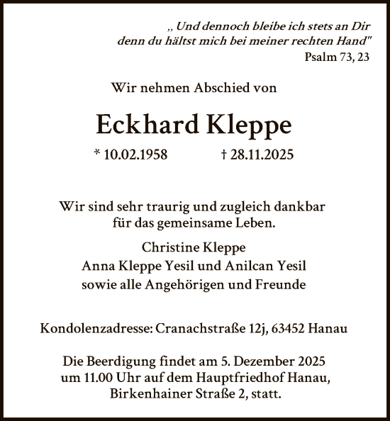 Traueranzeige von Eckhard Kleppe von OFHA