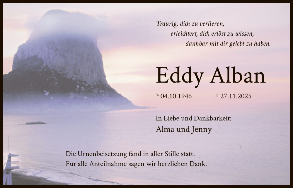  Traueranzeige für Eddy Alban vom 13.12.2025 aus OF0L
