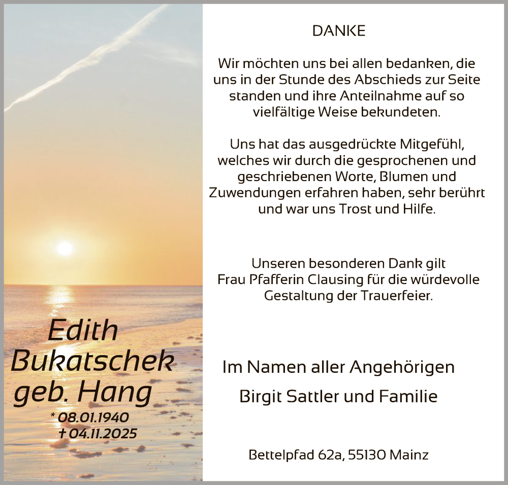  Traueranzeige für Edith Bukatschek vom 06.12.2025 aus OF0L