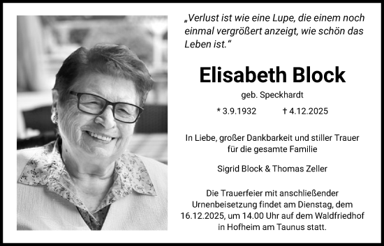 Traueranzeige von Elisabeth Block von FNP
