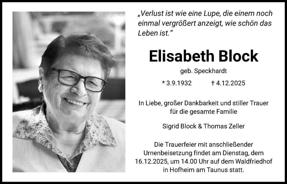  Traueranzeige für Elisabeth Block vom 13.12.2025 aus FNP