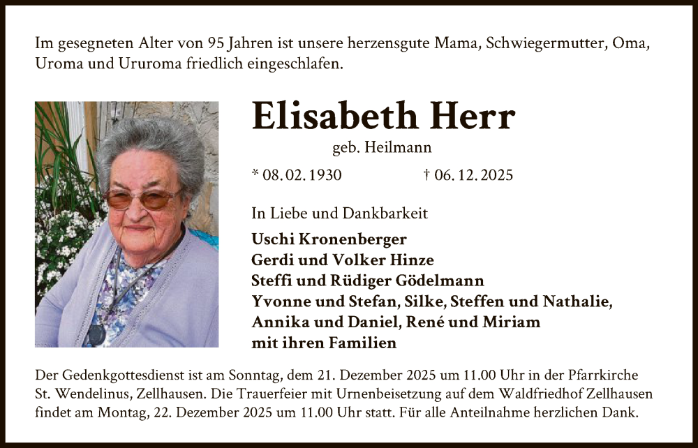  Traueranzeige für Elisabeth Herr vom 20.12.2025 aus OF0L