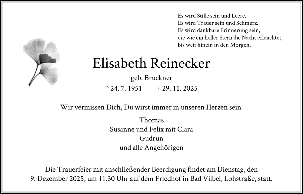  Traueranzeige für Elisabeth Reinecker vom 04.12.2025 aus FNP