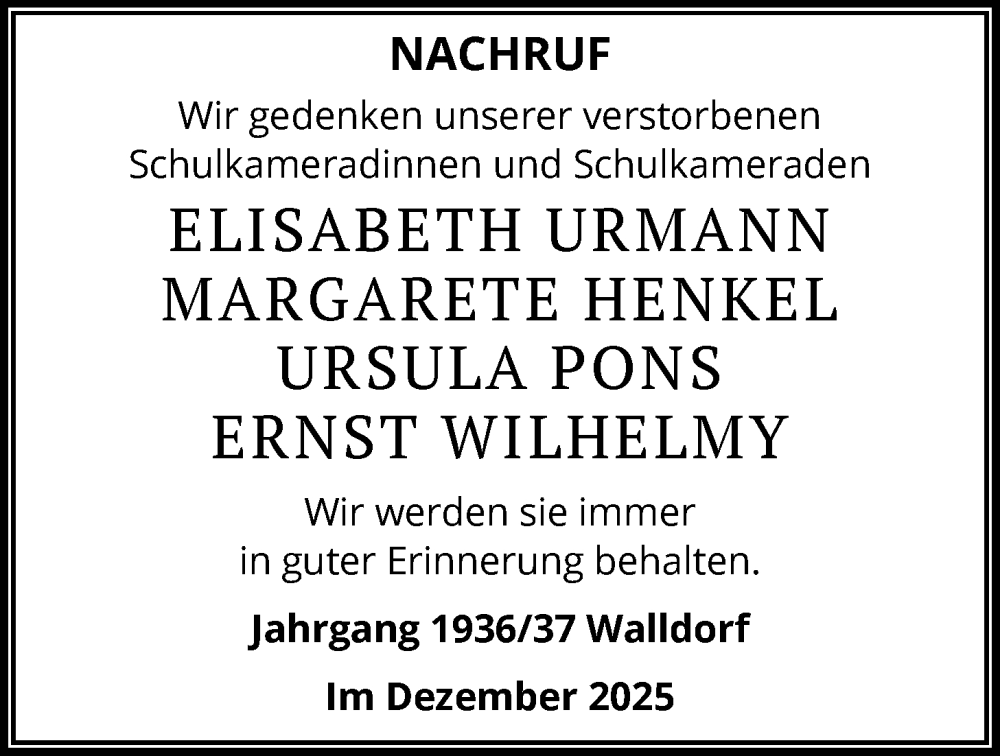  Traueranzeige für Elisabeth Urmann vom 19.12.2025 aus OFMF