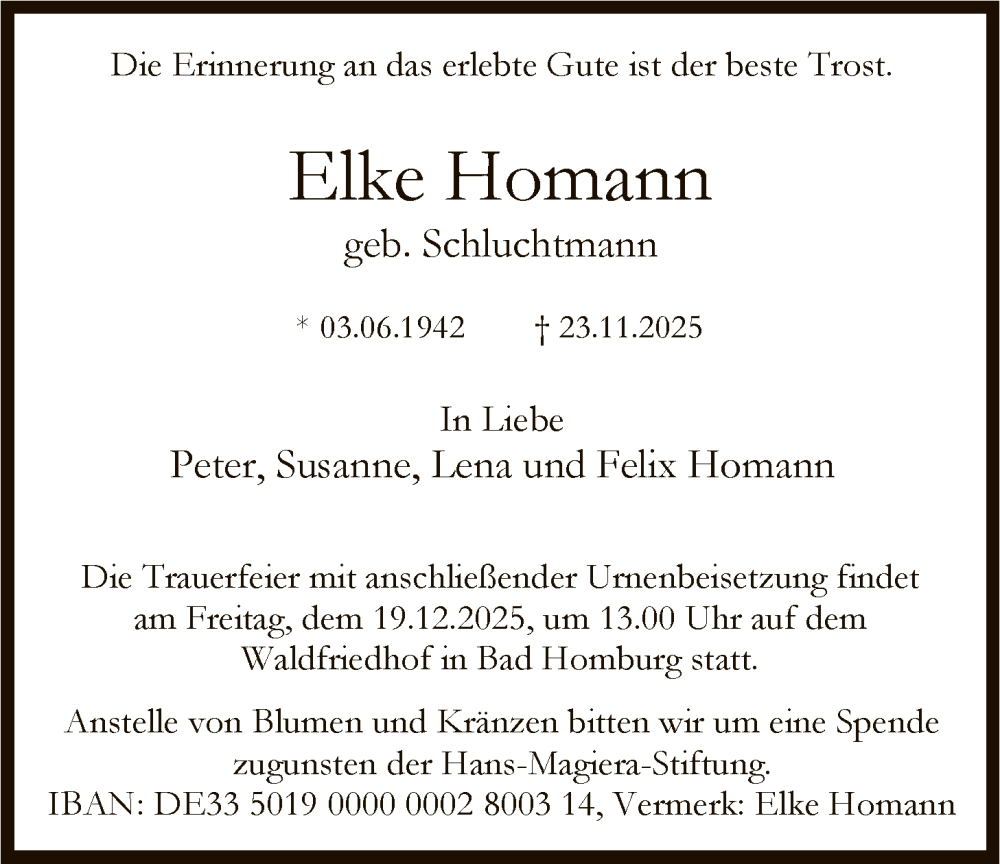  Traueranzeige für Elke Homann vom 06.12.2025 aus FNP