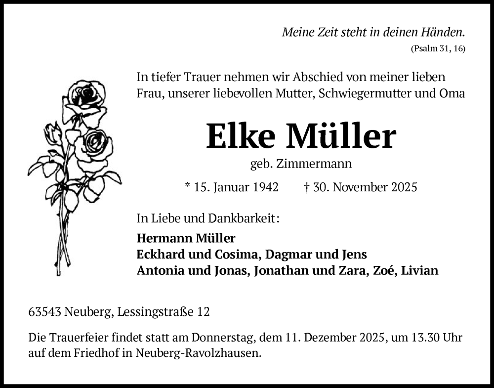  Traueranzeige für Elke Müller vom 06.12.2025 aus OFHA