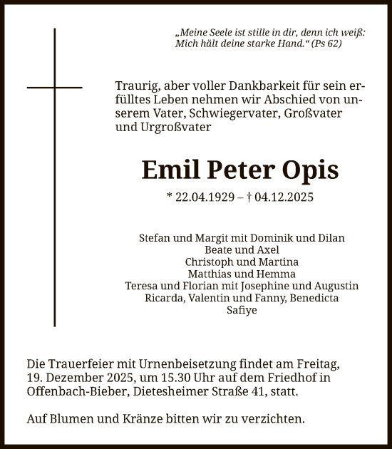 Traueranzeige von Emil Peter Opis von OFOP