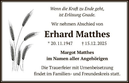 Traueranzeige von Erhard Matthes von OF0W