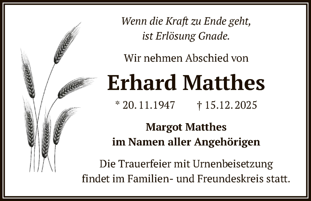 Traueranzeige für Erhard Matthes vom 20.12.2025 aus OF0W