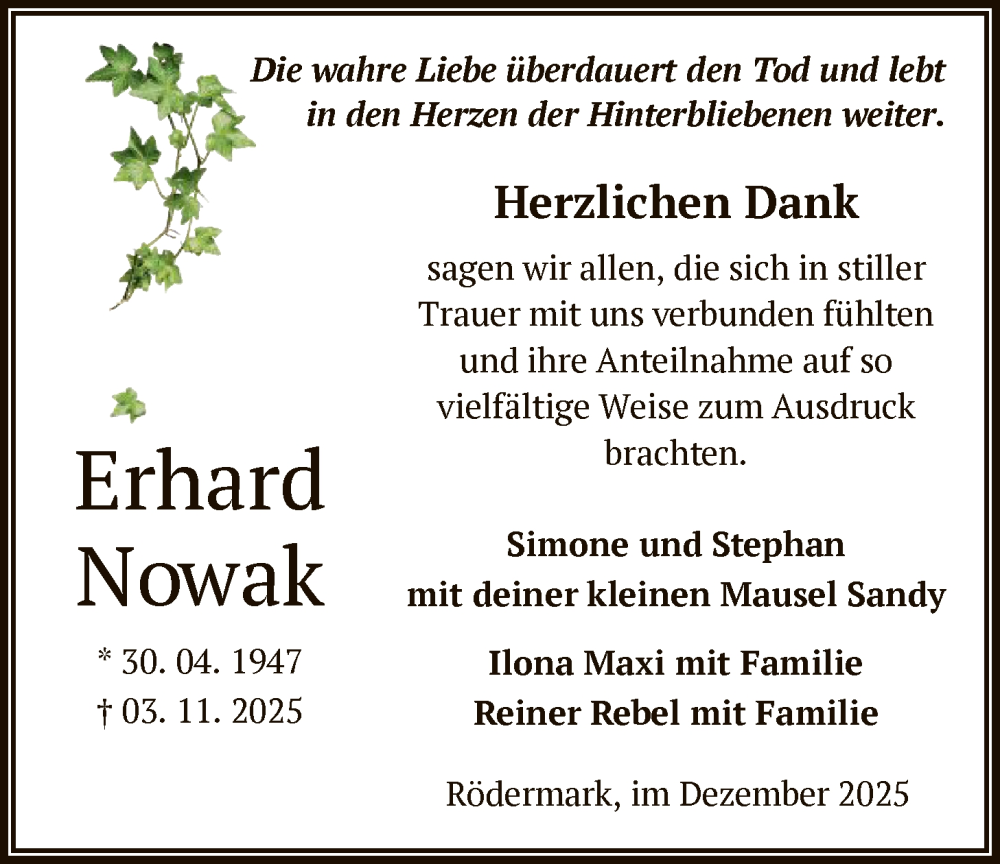  Traueranzeige für Erhard Nowak vom 13.12.2025 aus OF0L