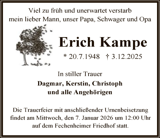 Traueranzeige von Erich Kampe von BOWO