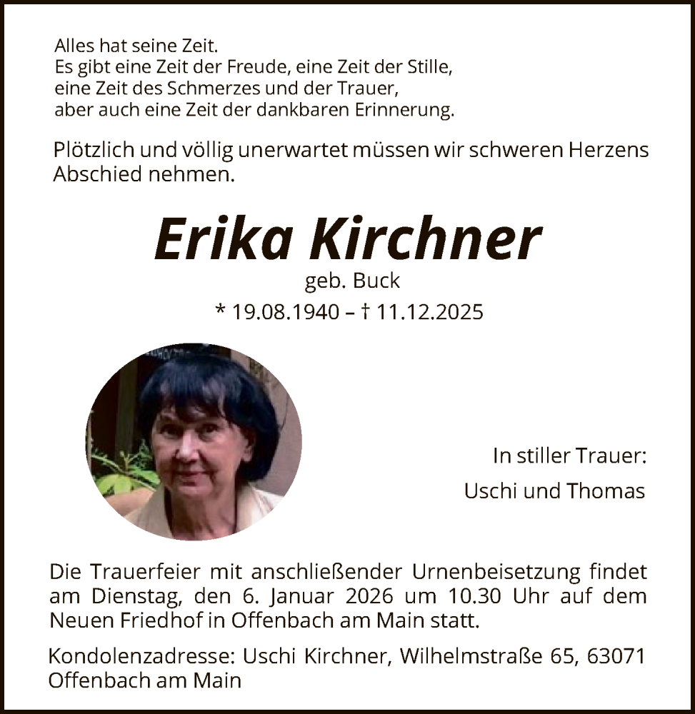  Traueranzeige für Erika Kirchner vom 27.12.2025 aus OFOP