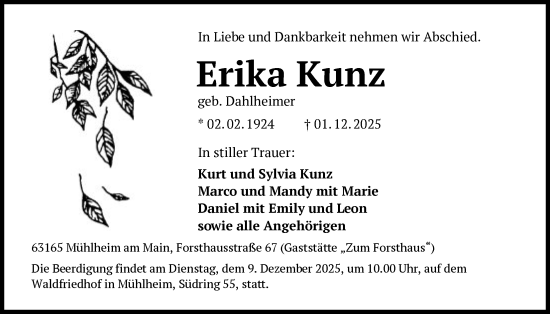 Traueranzeige von Erika Kunz von OFOP