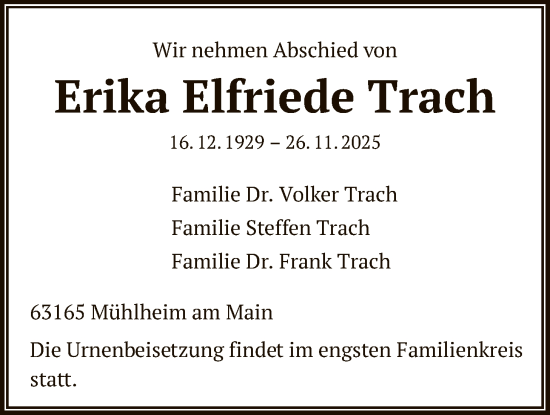 Traueranzeige von Erika Elfriede Trach von OFOP