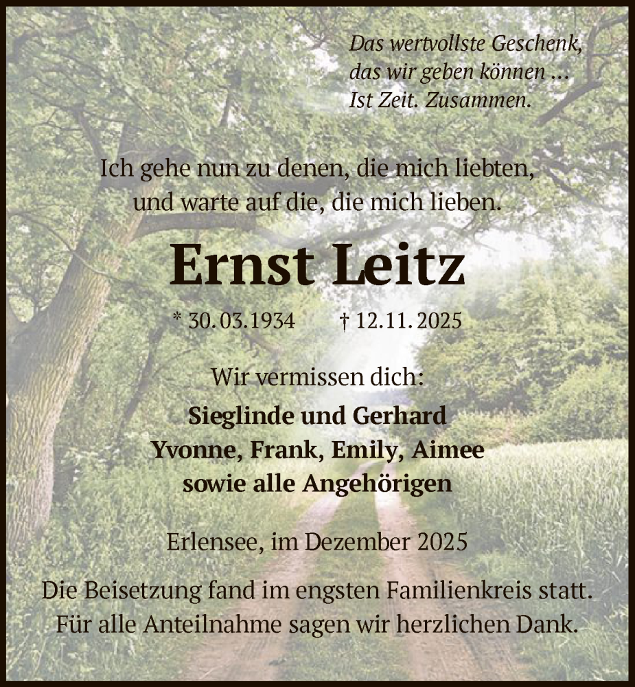  Traueranzeige für Ernst Leitz vom 06.12.2025 aus OFHA