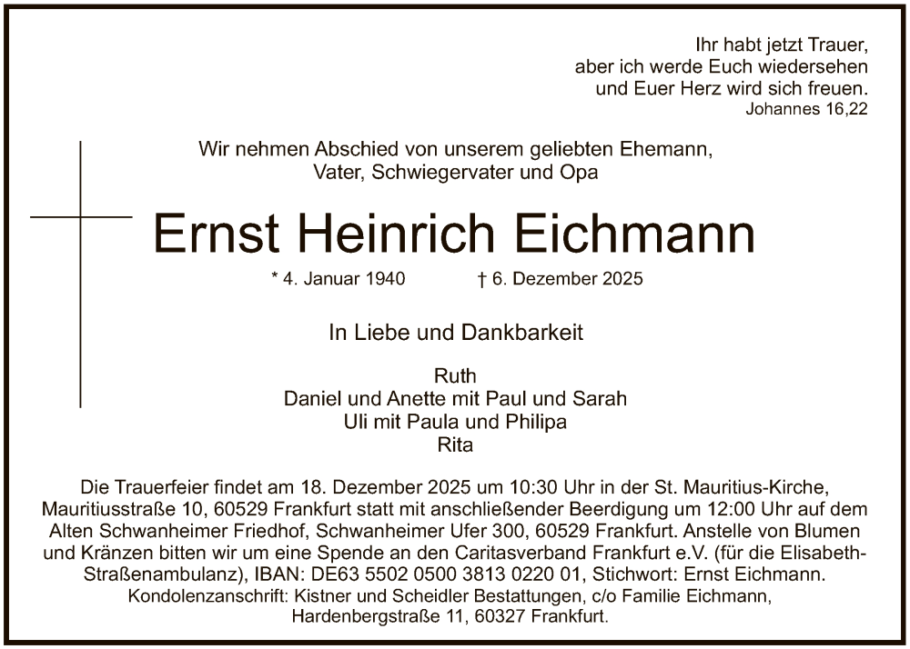 Traueranzeige für Ernst Heinrich Eichmann vom 13.12.2025 aus FNP