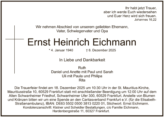 Traueranzeige von Ernst Heinrich Eichmann von FNP