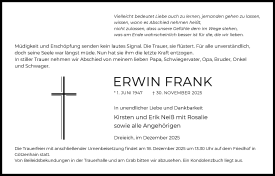 Traueranzeige von Erwin Frank von OFOP