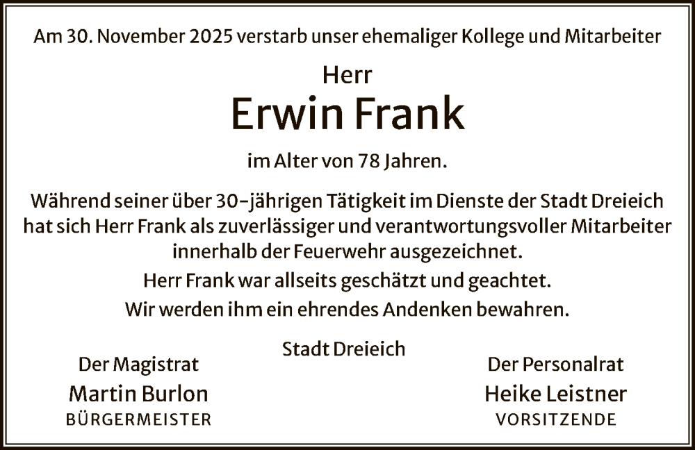  Traueranzeige für Erwin Frank vom 27.12.2025 aus OF0W