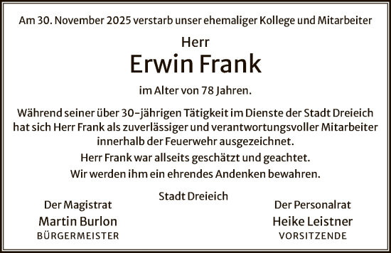 Traueranzeige von Erwin Frank von OF0W