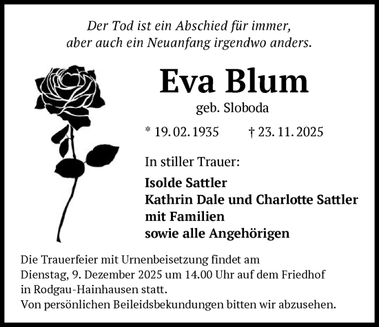 Traueranzeige von Eva Blum von OF0L