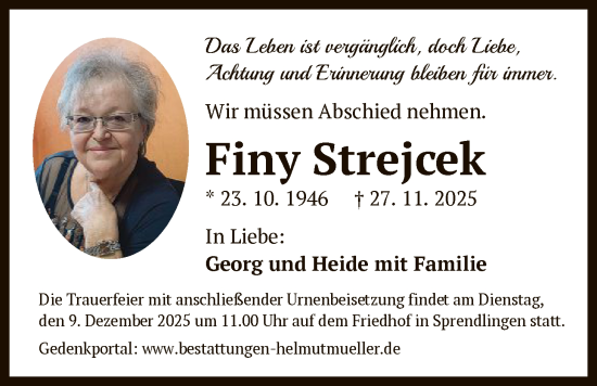 Traueranzeige von Finy Strejcek von OF0W