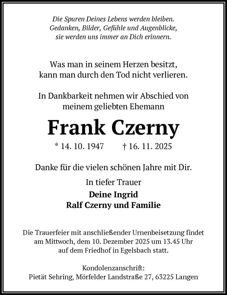  Traueranzeige für Frank Czerny vom 06.12.2025 aus OFOP