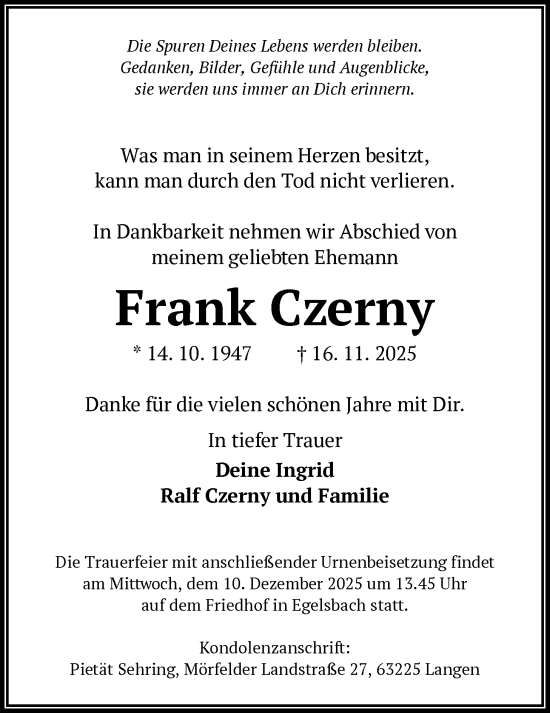 Traueranzeige von Frank Czerny von OFOP