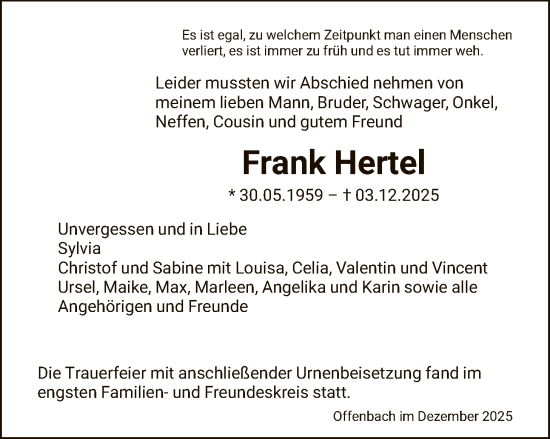 Traueranzeige von Frank Hertel von OFOP