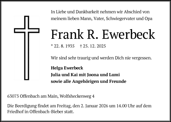Traueranzeige von Frank R. Ewerbeck von OFOP