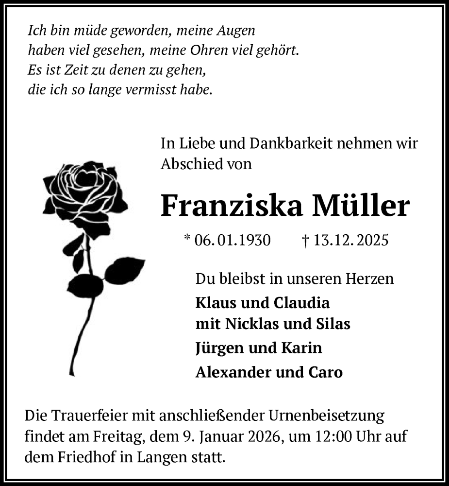  Traueranzeige für Franziska Müller vom 27.12.2025 aus OF0W