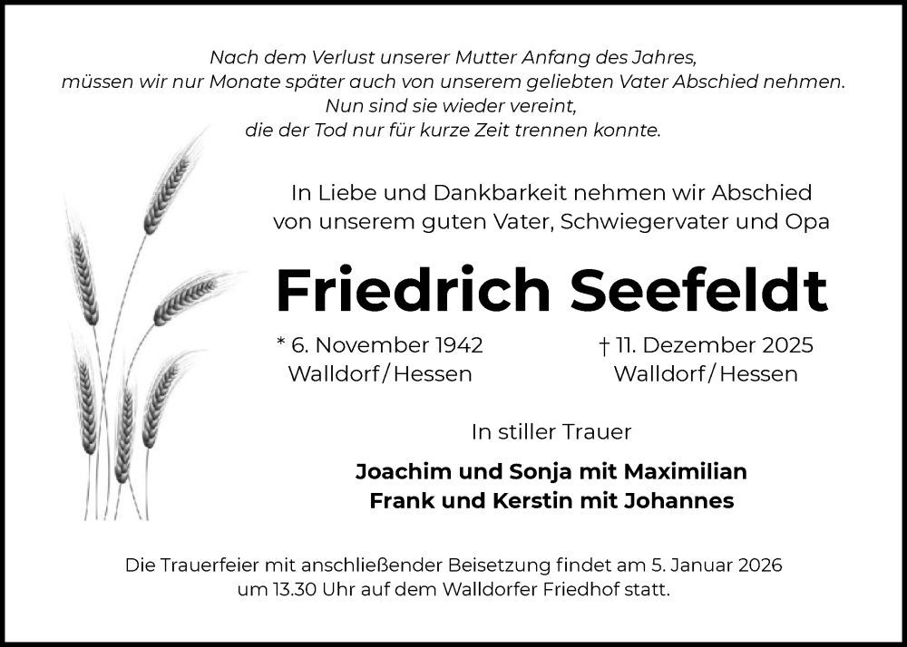  Traueranzeige für Friedrich Seefeldt vom 19.12.2025 aus OFMF