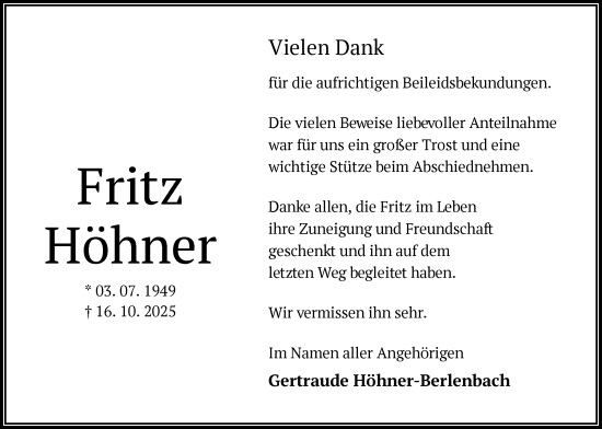 Traueranzeige von Fritz Höhner von OFOP
