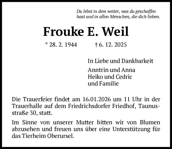 Traueranzeige von Frouke E. Weil von FNP