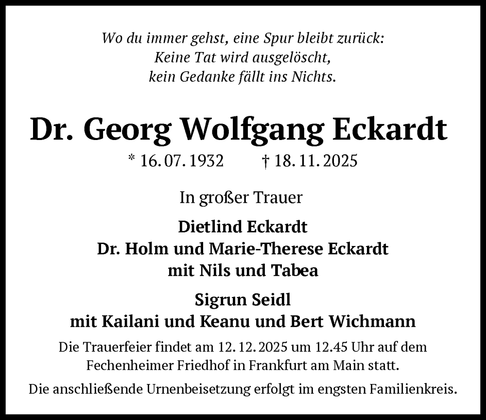  Traueranzeige für Georg Wolfgang Eckardt vom 06.12.2025 aus BOWO