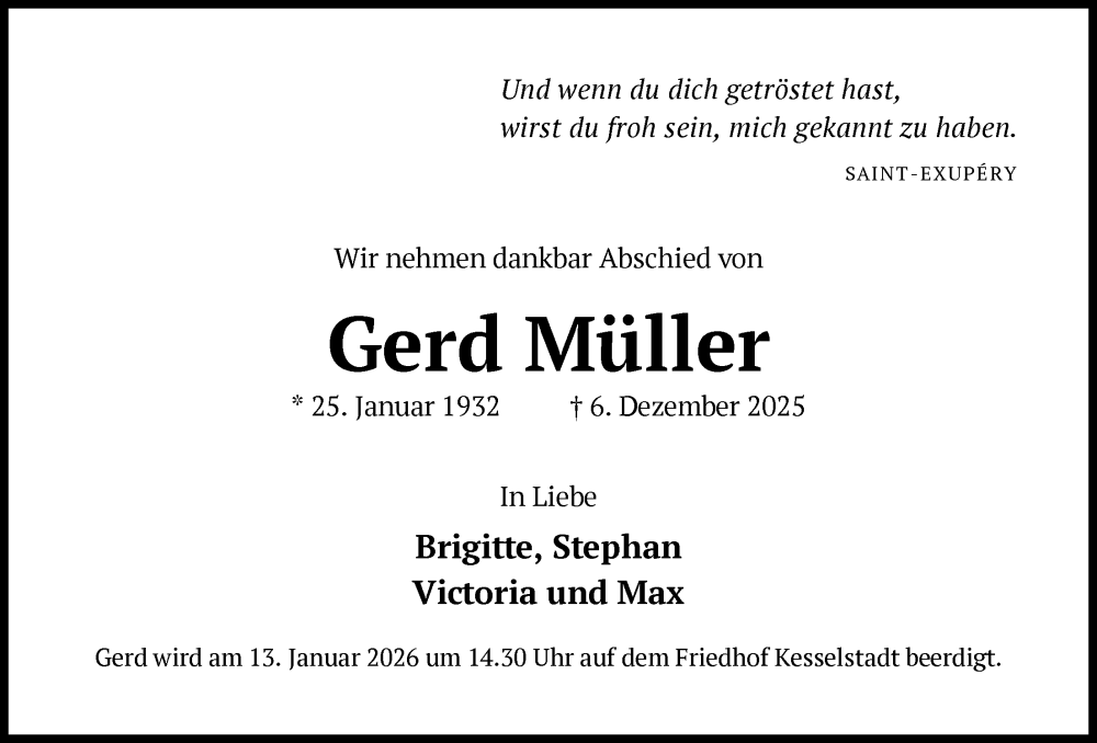  Traueranzeige für Gerd Müller vom 20.12.2025 aus OFHA