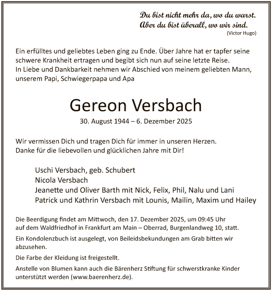 Traueranzeige von Gereon Versbach von FNP