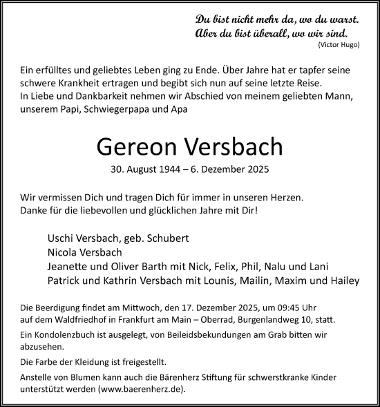 Traueranzeige von Gereon Versbach von OFOP