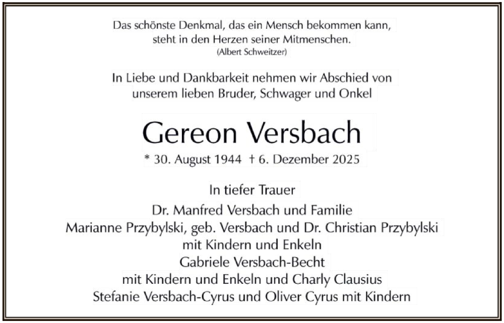  Traueranzeige für Gereon Versbach vom 13.12.2025 aus FNP