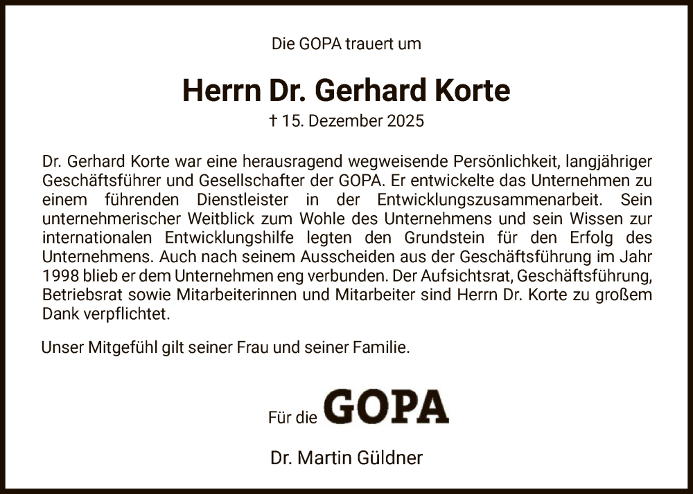  Traueranzeige für Gerhard Korte vom 20.12.2025 aus FNP