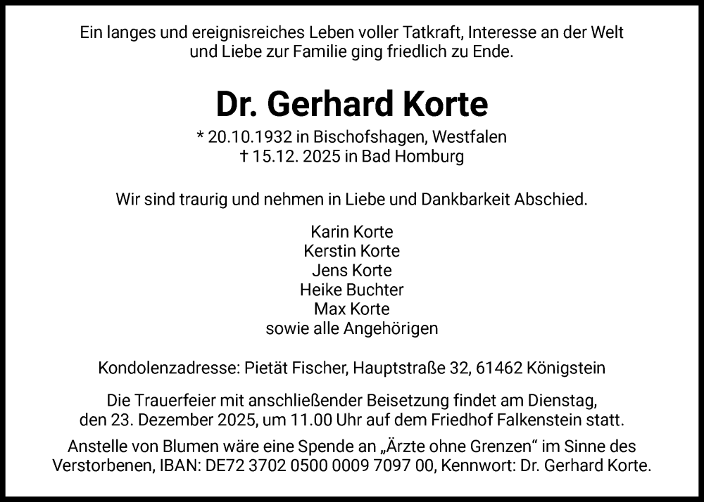  Traueranzeige für Gerhard Korte vom 20.12.2025 aus FNP