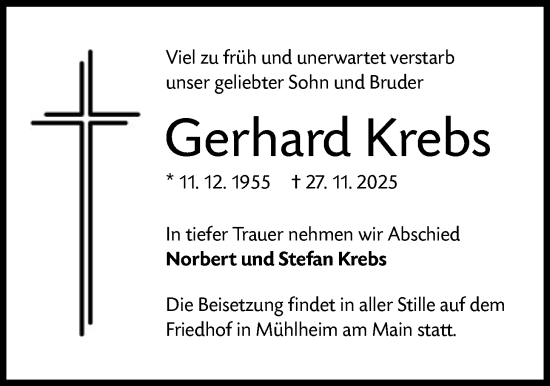 Traueranzeige von Gerhard Krebs von OF0T